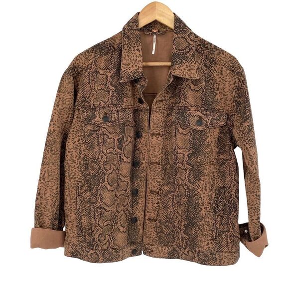 Free People Snake print trucker jacket brown and black oversized size small - Picture 4 of 10